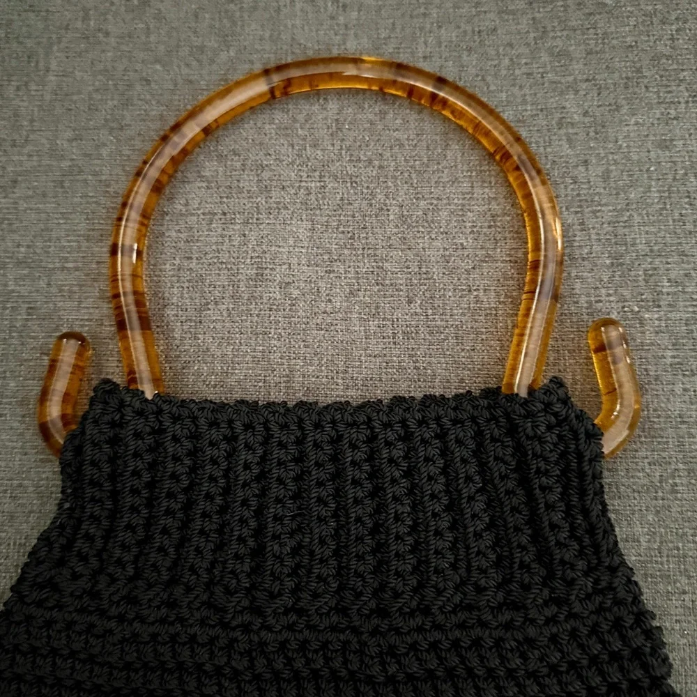 Vintage Beaux by Meg Black‎ Crochet Handbag with Lucite Handles-RARE